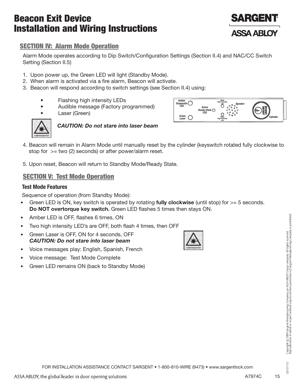 Test mode features, Sequence of operation (from standby mode), Amber led is off, flashes 6 times, on | Voice messages play: english, spanish, french, Voice message: test mode complete, Green led remains on (back to standby mode) | SARGENT BT- Beacon User Manual | Page 15 / 18