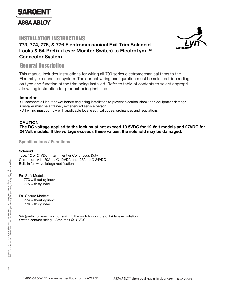 SARGENT 776 Controls User Manual | 4 pages