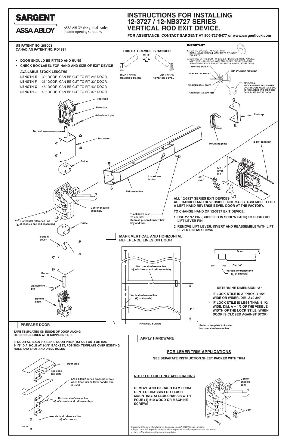 SARGENT 988 Surface Bolt Kit User Manual | 2 pages