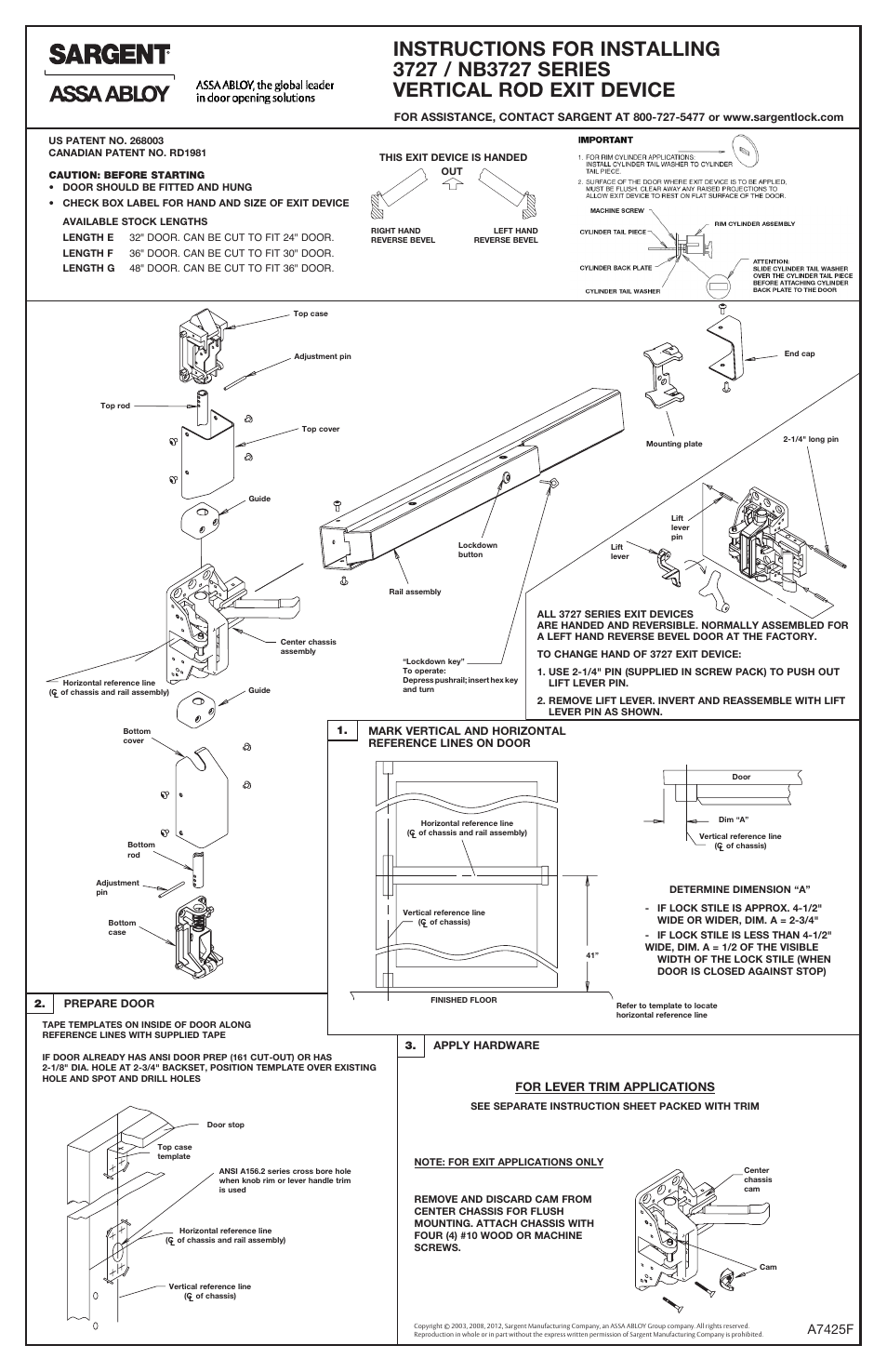 SARGENT 3727 Series Surface Vertical Rod User Manual | 2 pages