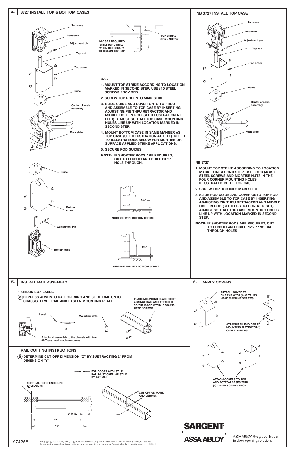 A7425f | SARGENT 3727 Series Surface Vertical Rod User Manual | Page 2 / 2