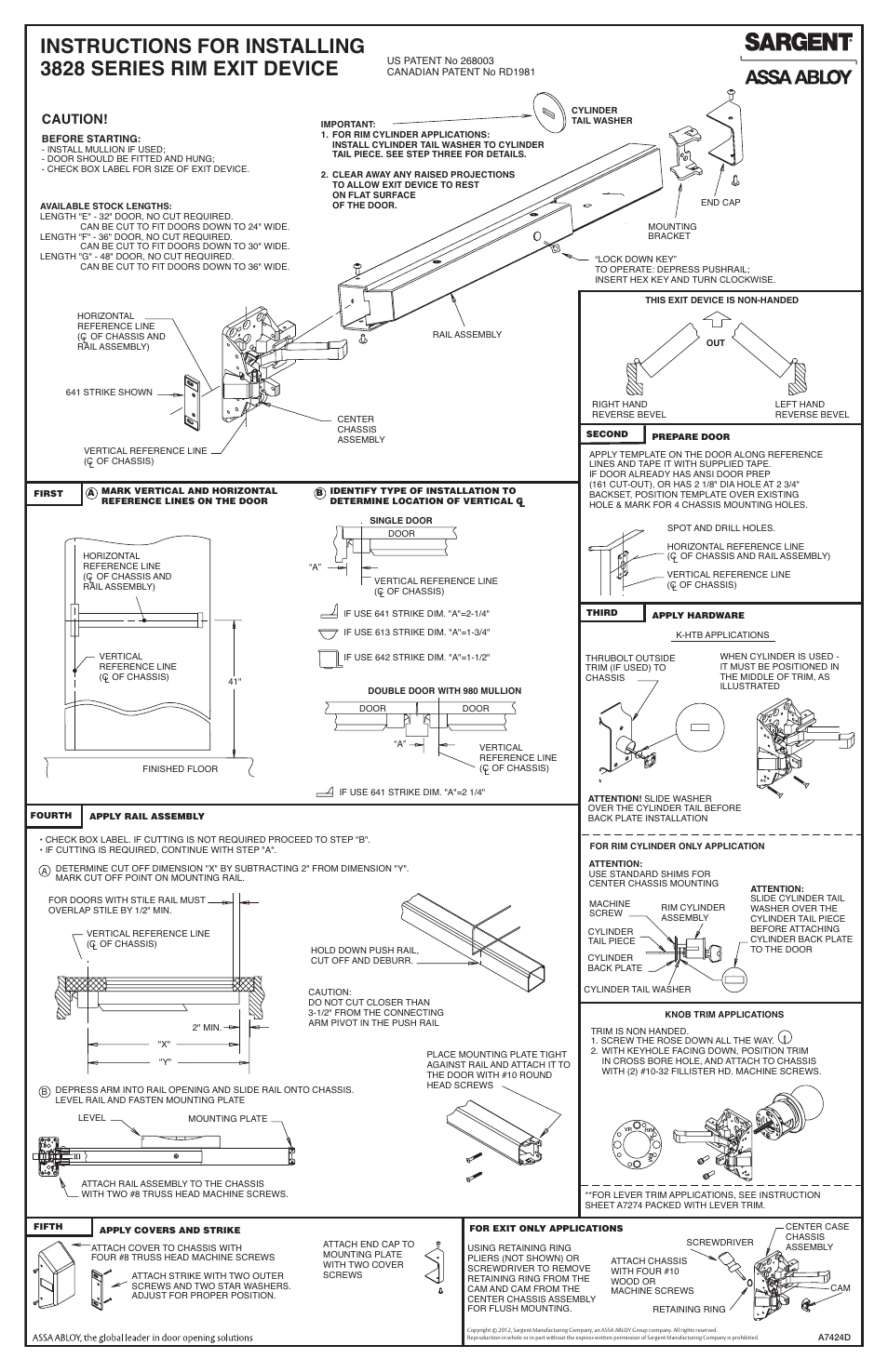 SARGENT 3828 Series Rim User Manual | 2 pages