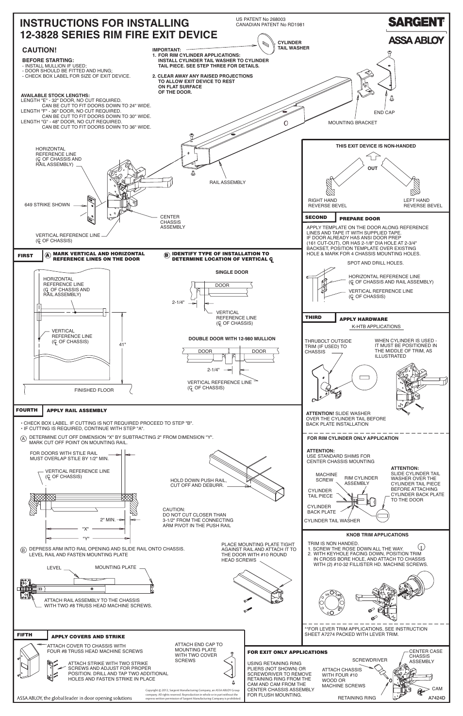 Caution | SARGENT 3828 Series Rim User Manual | Page 2 / 2