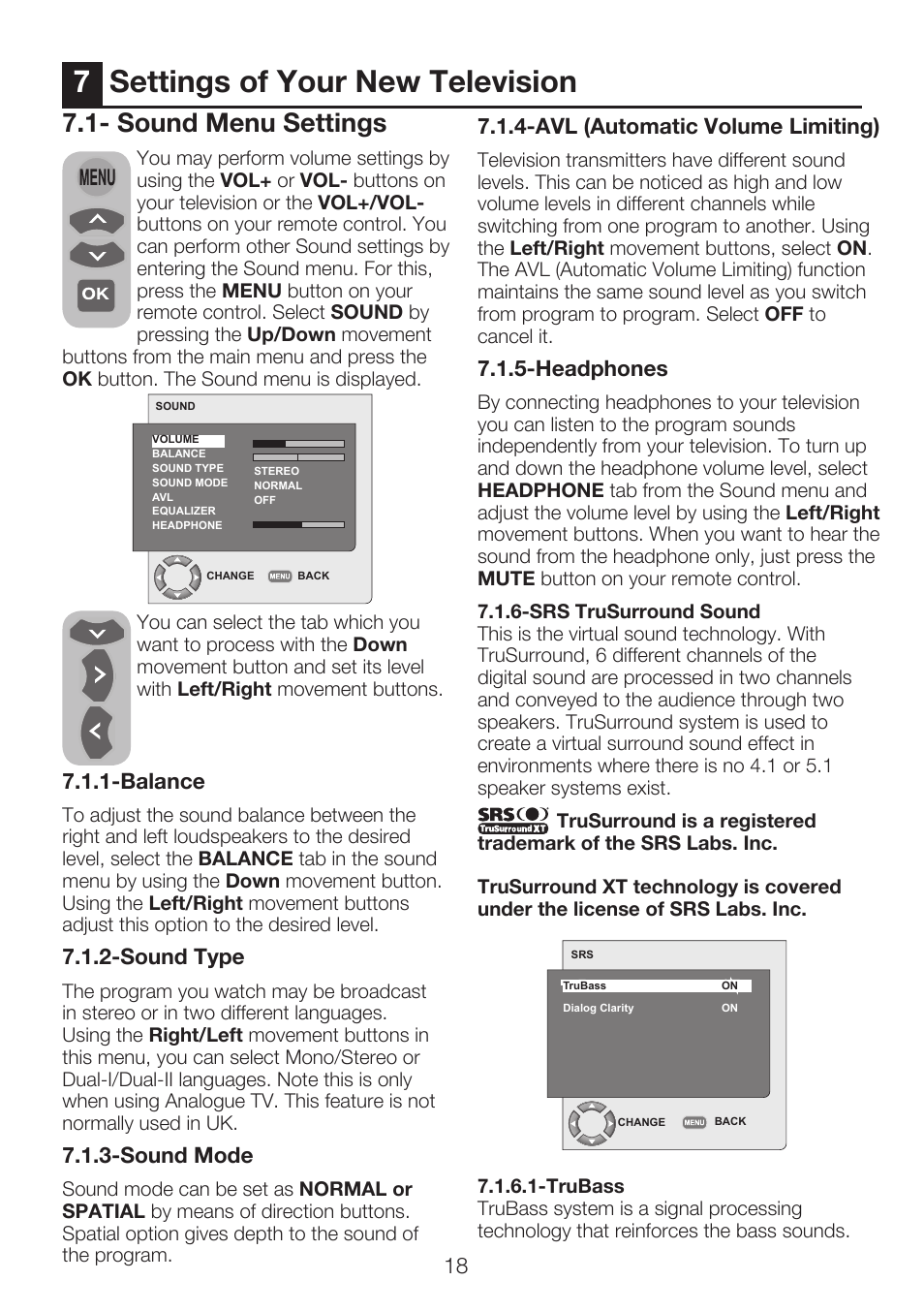 7settings of your new television, Sound menu settings | Beko 32WLU550FHID User Manual | Page 20 / 37