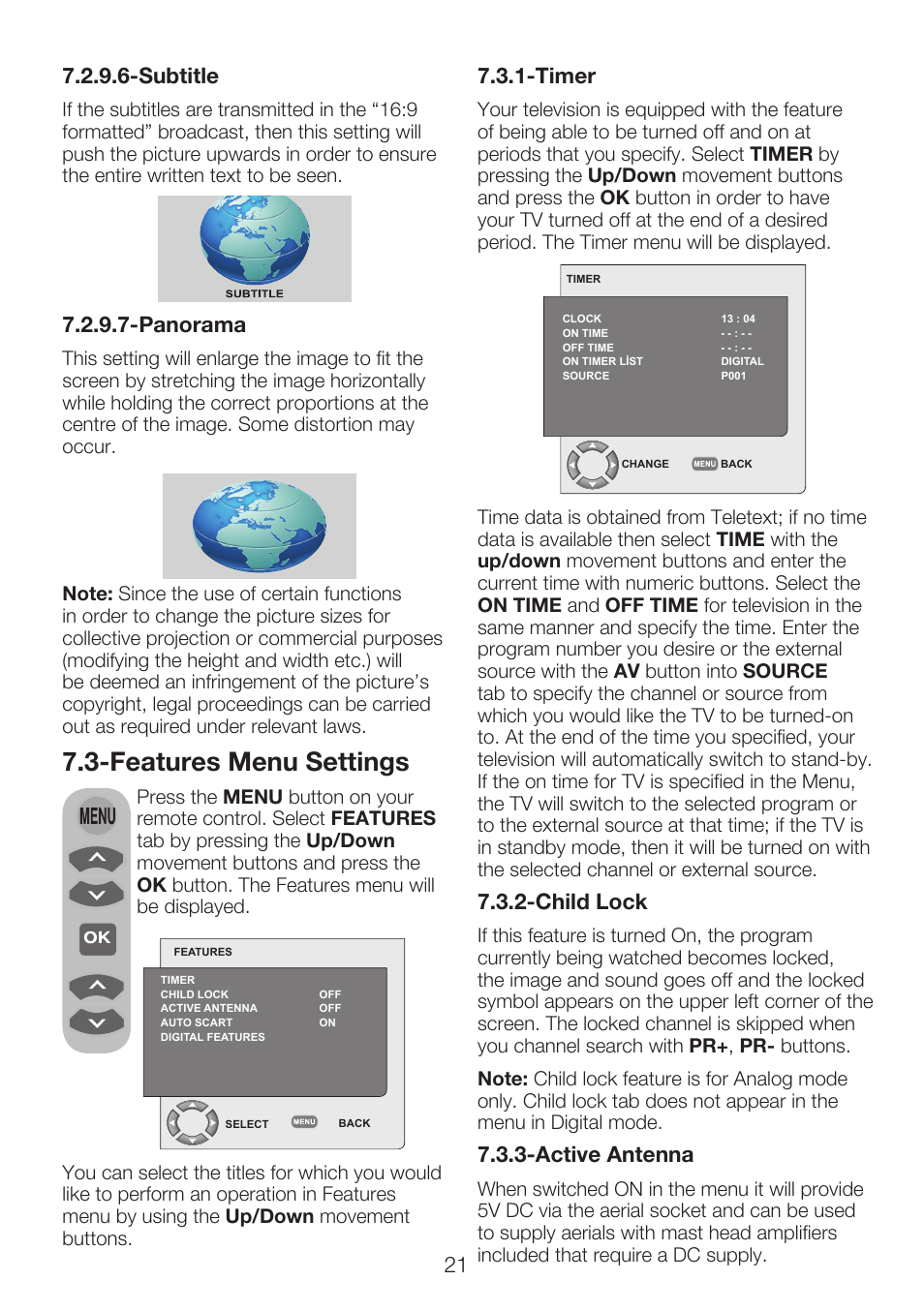 Features menu settings, Subtitle, Timer | Child lock, Active antenna | Beko 32WLU550FHID User Manual | Page 23 / 37