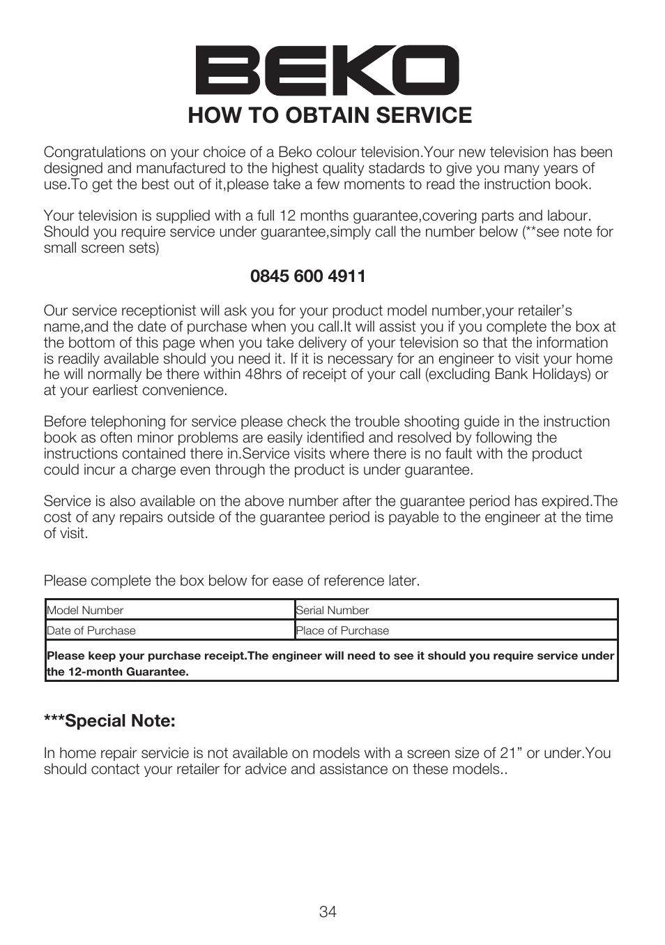 13 how to obtain service | Beko 32WLU550FHID User Manual | Page 36 / 37