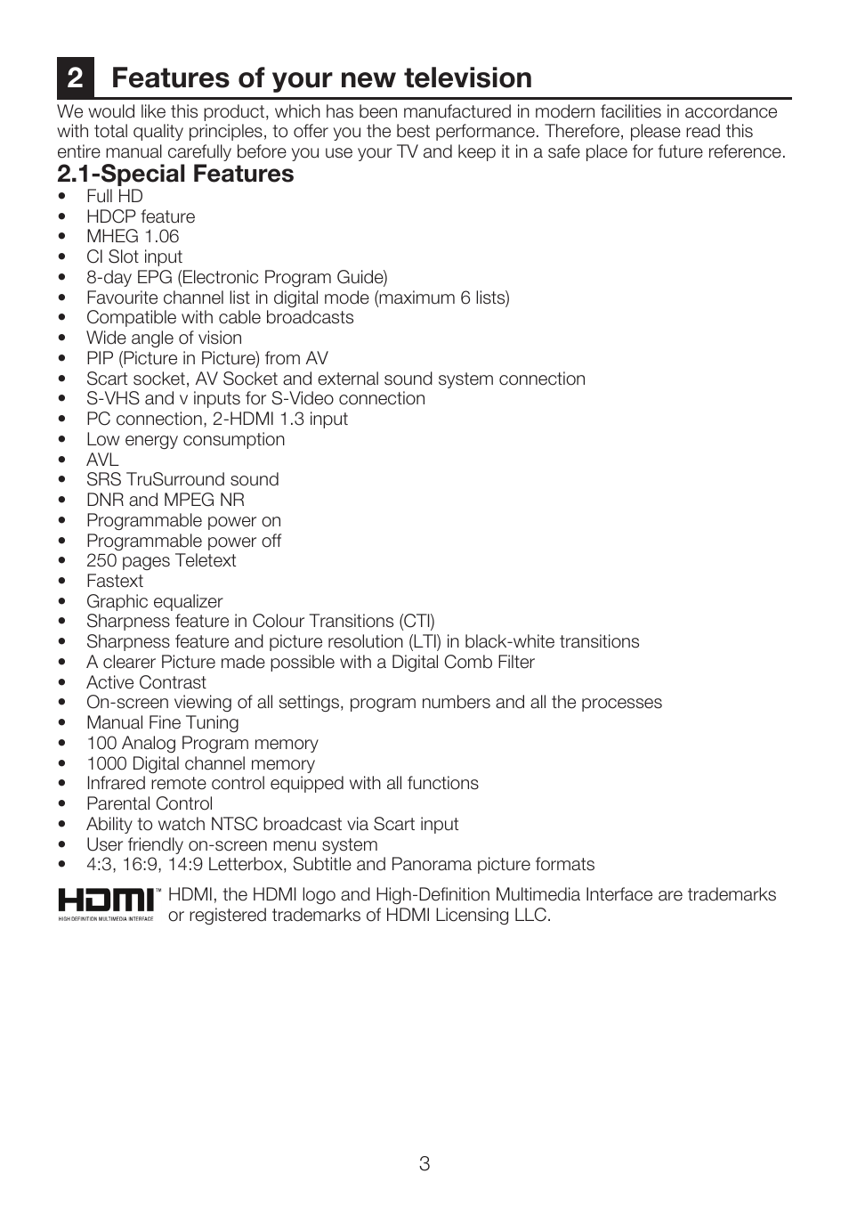2features of your new television, Special features | Beko 32WLU550FHID User Manual | Page 5 / 37