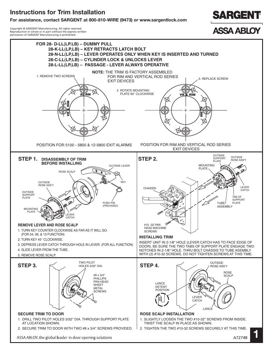 SARGENT 5800 & 12-5800 Alarmed Exit Hardware User Manual | 2 pages