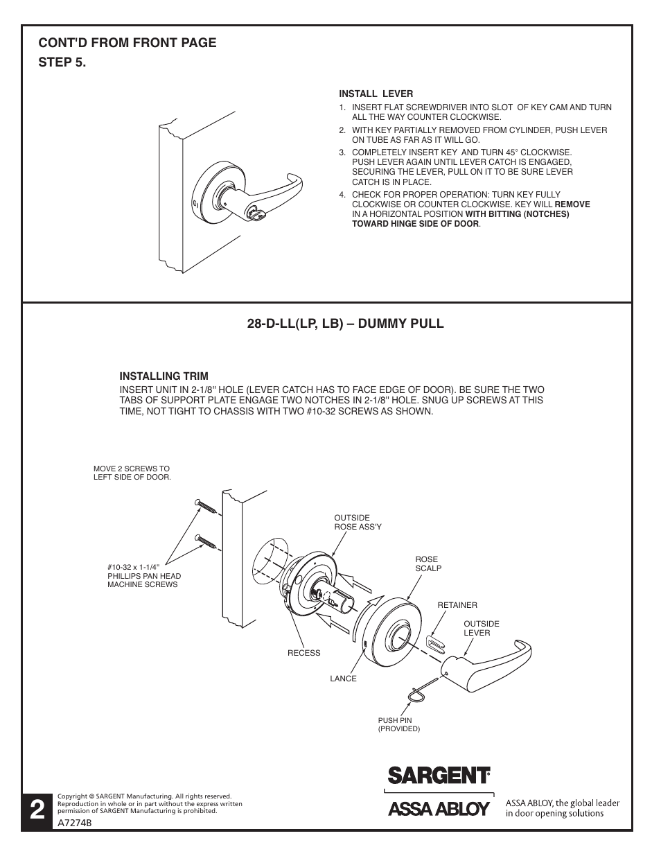 D-ll(lp, lb) – dummy pull, Cont'd from front page step 5 | SARGENT 5800 & 12-5800 Alarmed Exit Hardware User Manual | Page 2 / 2