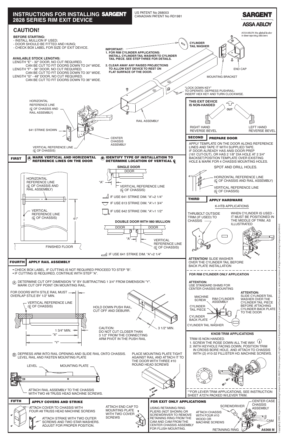 SARGENT 2828 Series Rim Exit Device User Manual | 2 pages