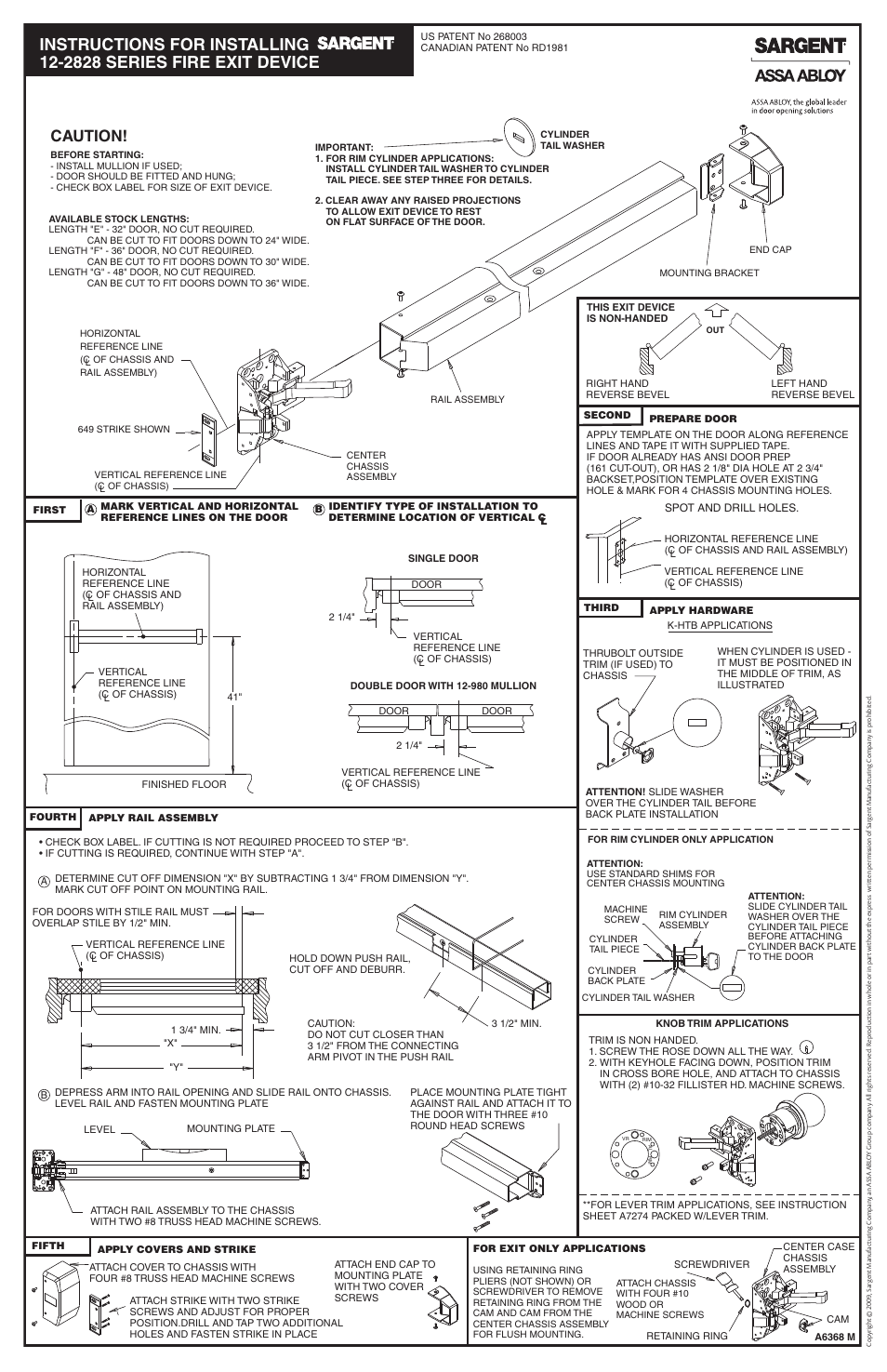 Caution | SARGENT 2828 Series Rim Exit Device User Manual | Page 2 / 2