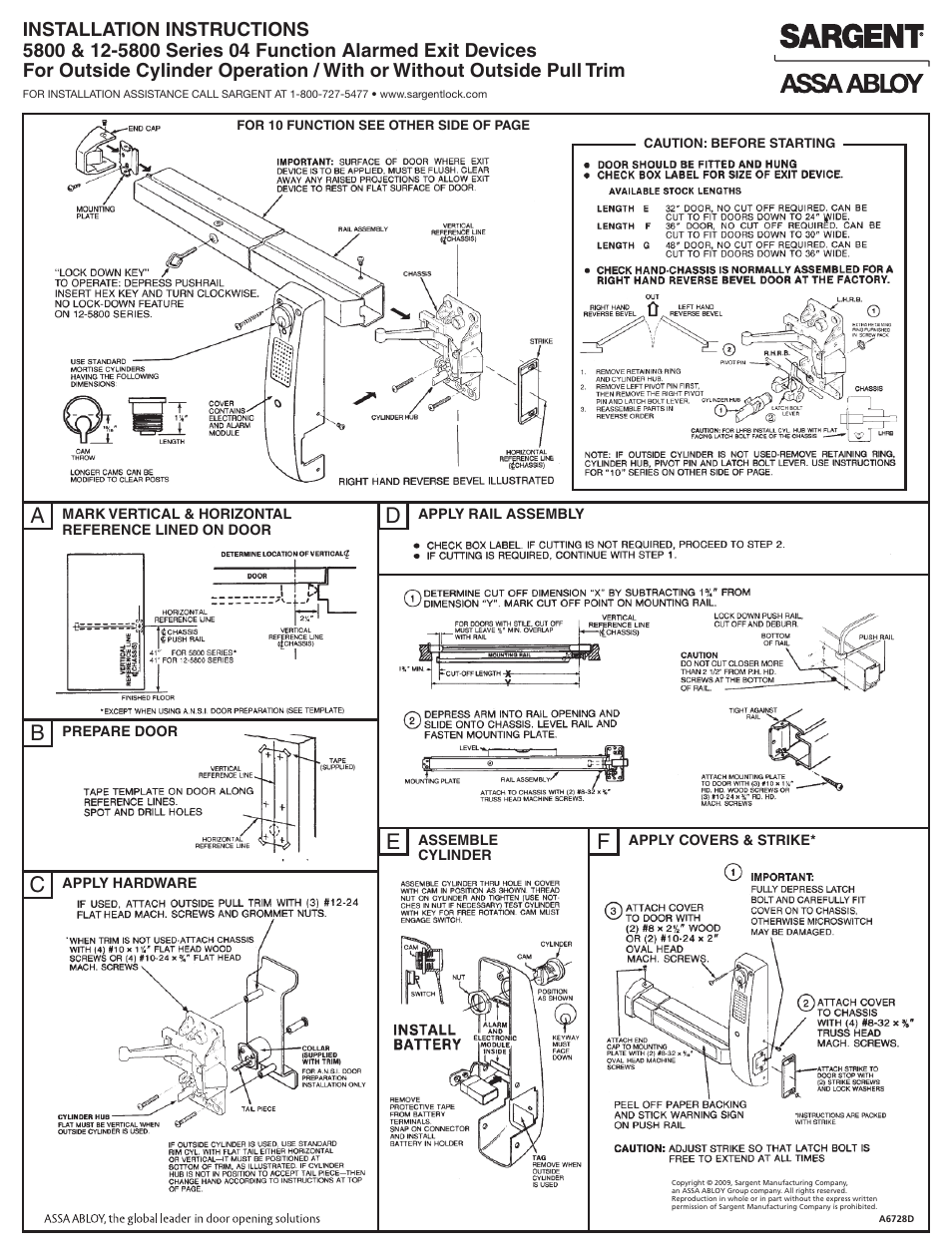 SARGENT 5800 & 12-5800 Alarmed Exit Hardware User Manual | 2 pages