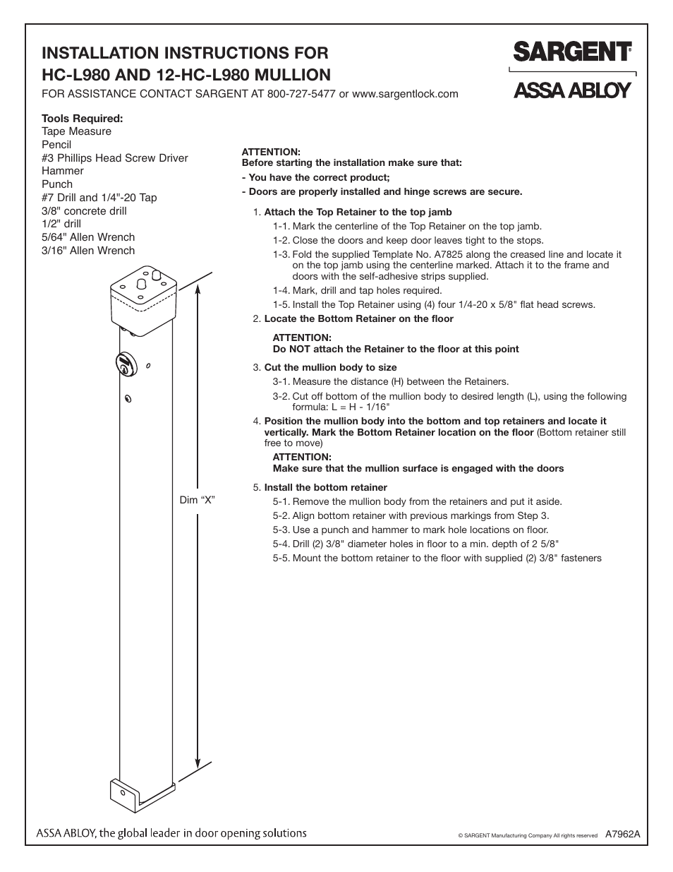 SARGENT HC-L980 & 12-HC-L980 Keyed Removable Mullions User Manual | 2 pages