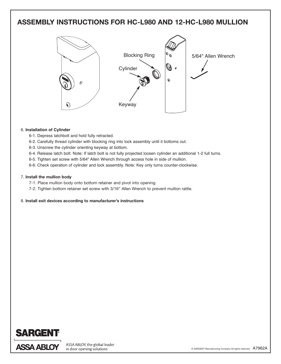 SARGENT HC-L980 & 12-HC-L980 Keyed Removable Mullions User Manual | Page 2 / 2