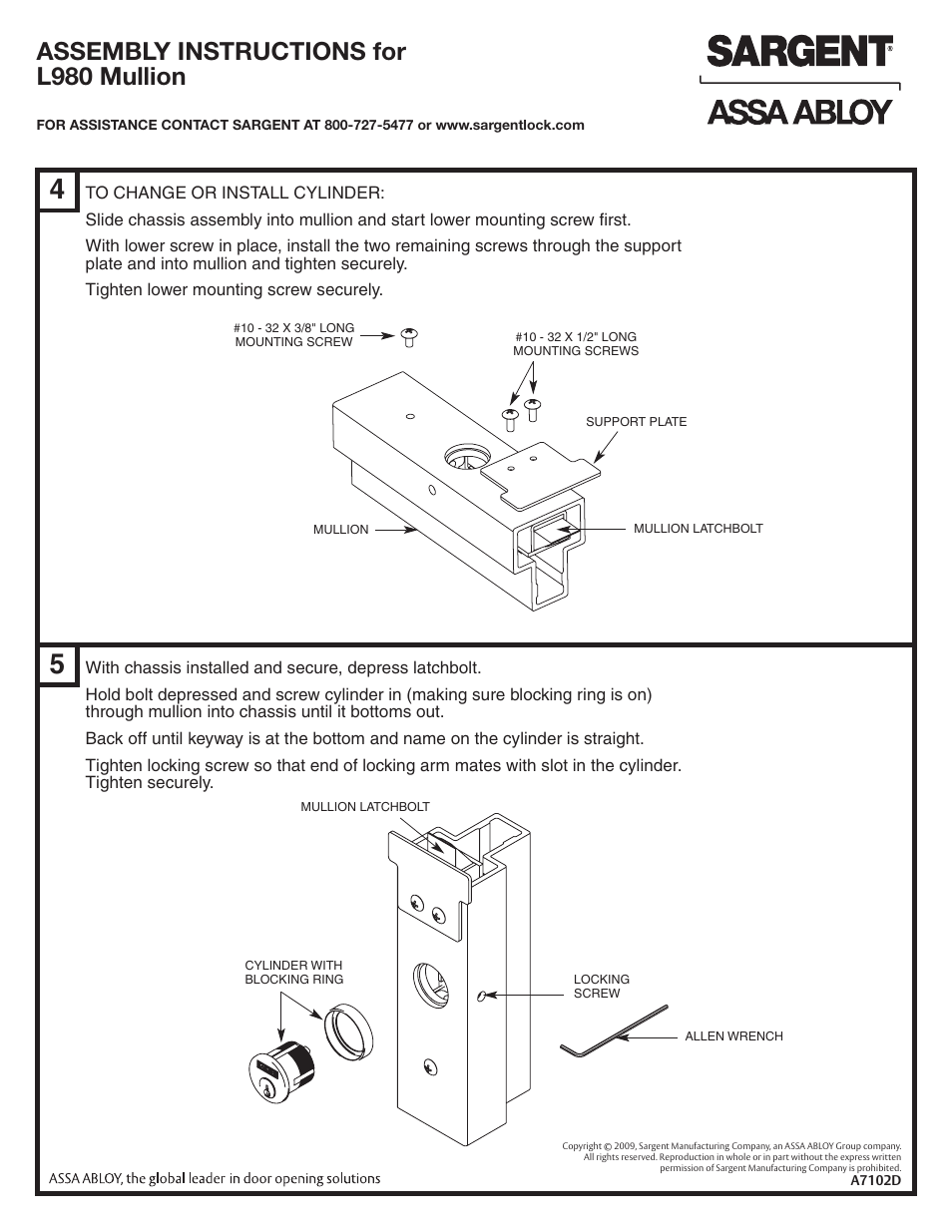 Assembly instructions for l980 mullion | SARGENT L980A Keyed Removable Mullions User Manual | Page 2 / 2