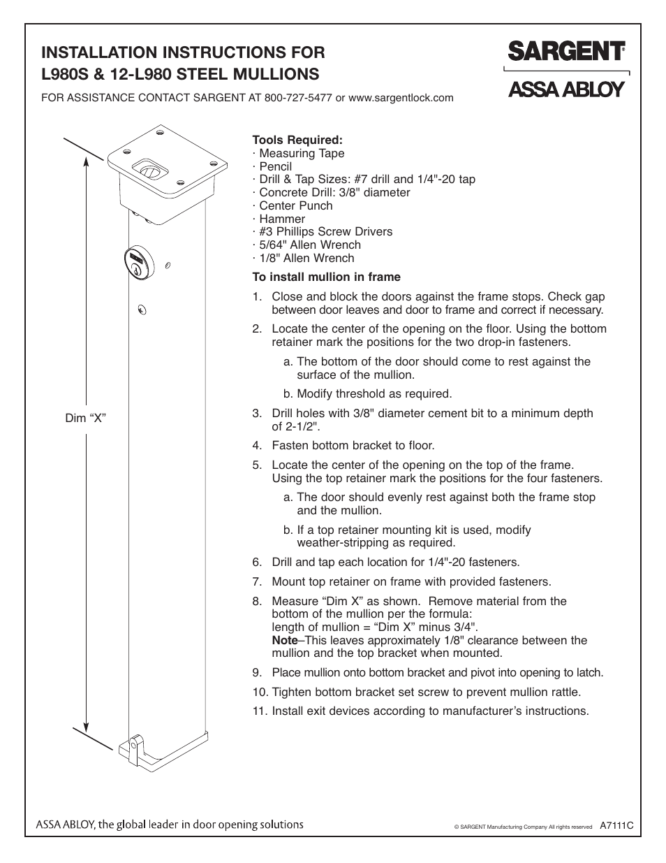 SARGENT L980S & 12-L980 Keyed Removable Mullions User Manual | 2 pages