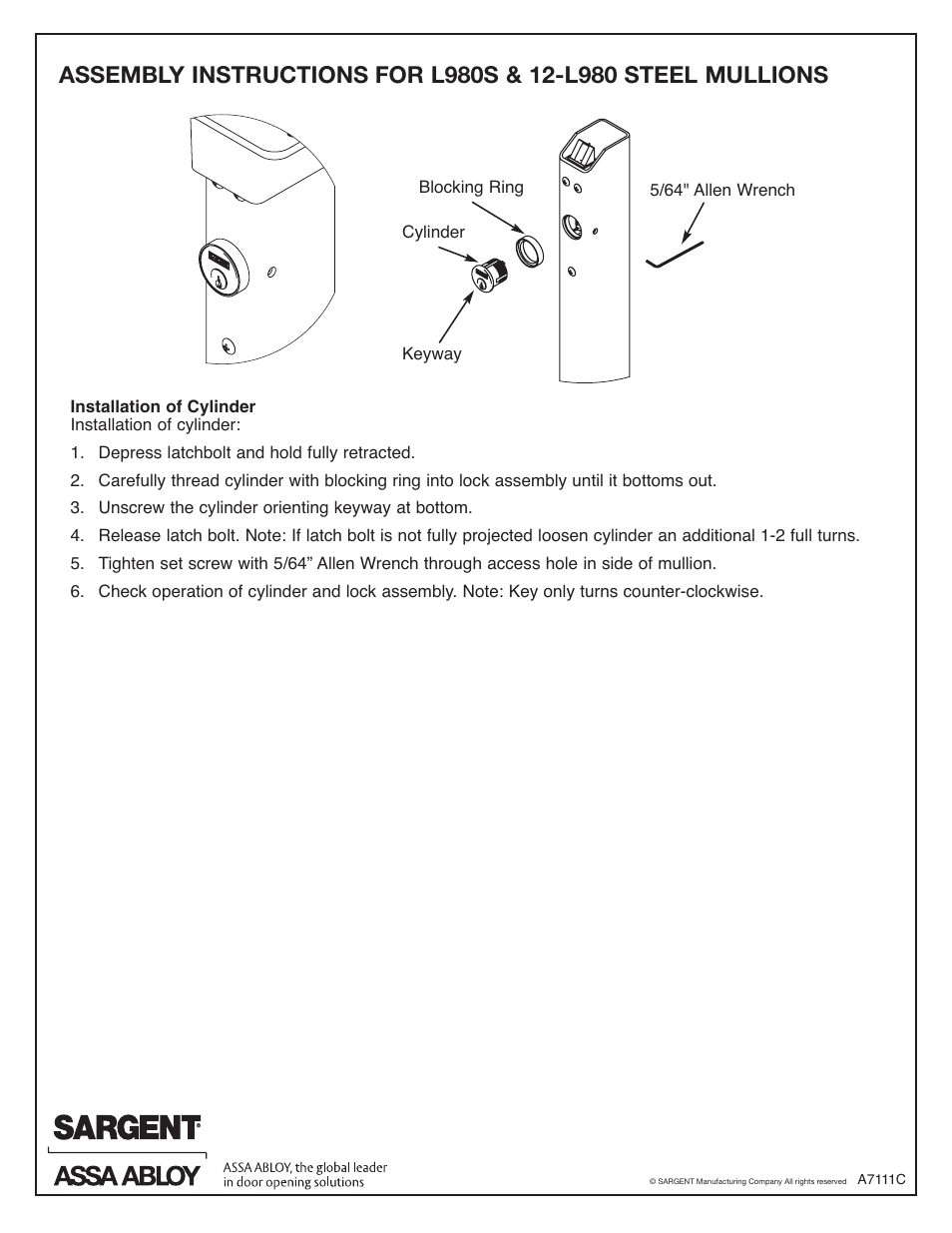 SARGENT L980S & 12-L980 Keyed Removable Mullions User Manual | Page 2 / 2