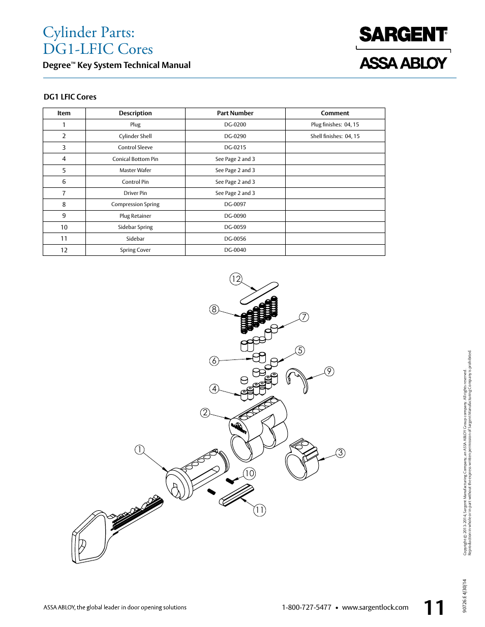 Cylinder parts: dg1-lfic cores, Degree, Key system technical manual | SARGENT Degree Key System User Manual | Page 13 / 20