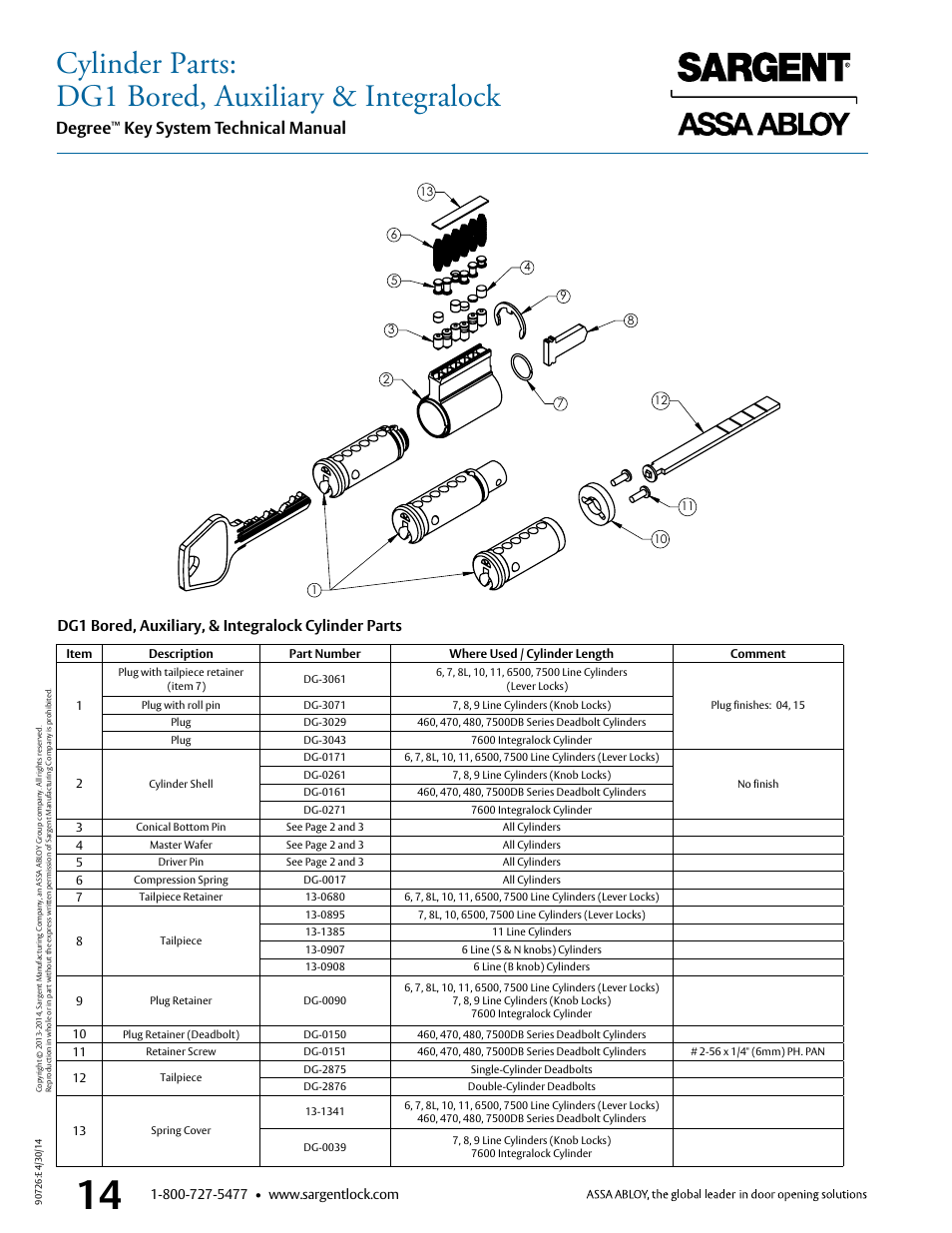 Cylinder parts: dg1 bored, auxiliary & integralock, Degree, Key system technical manual | Dg1 bored, auxiliary, & integralock cylinder parts | SARGENT Degree Key System User Manual | Page 16 / 20