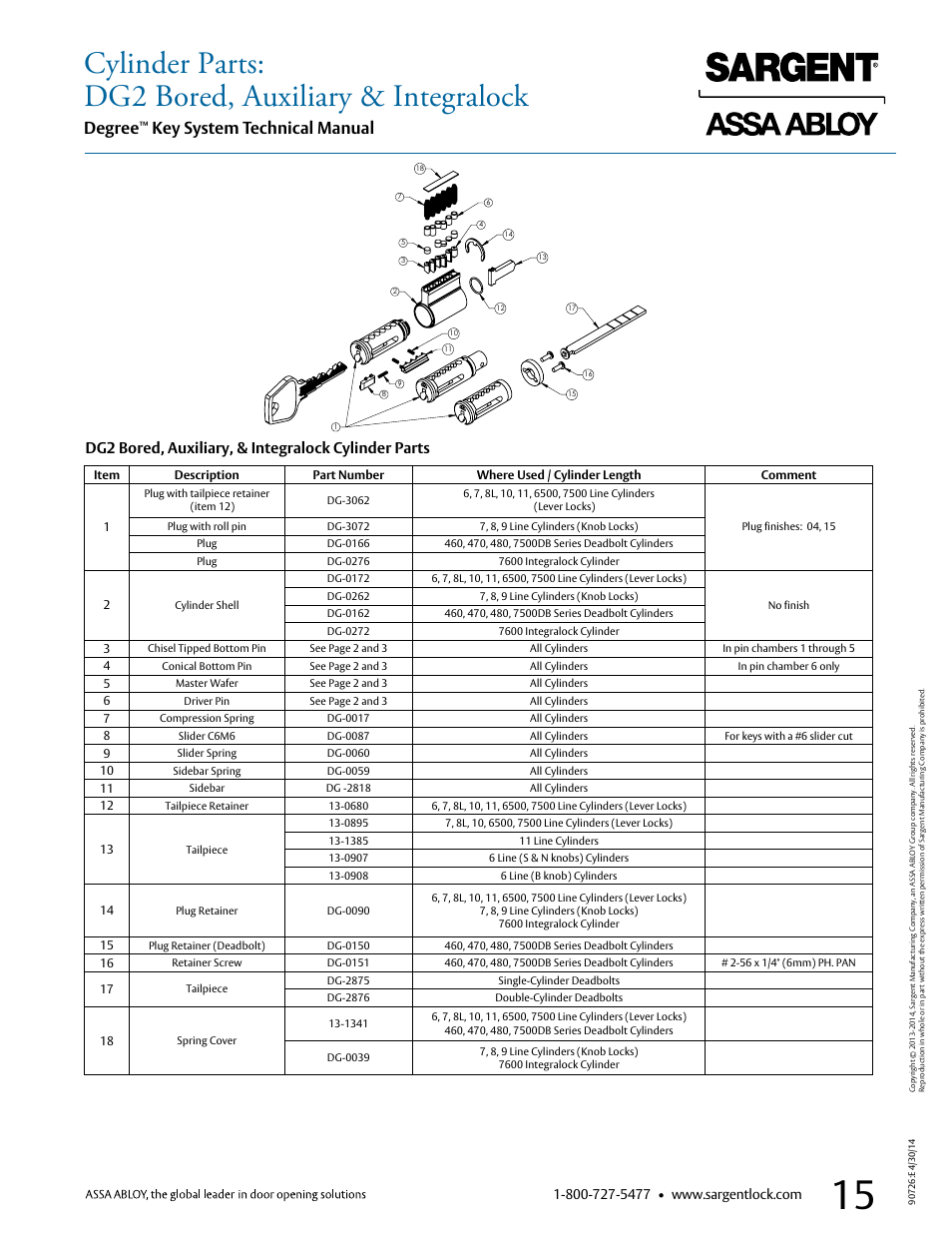 Cylinder parts: dg2 bored, auxiliary & integralock, Degree, Key system technical manual | Dg2 bored, auxiliary, & integralock cylinder parts | SARGENT Degree Key System User Manual | Page 17 / 20