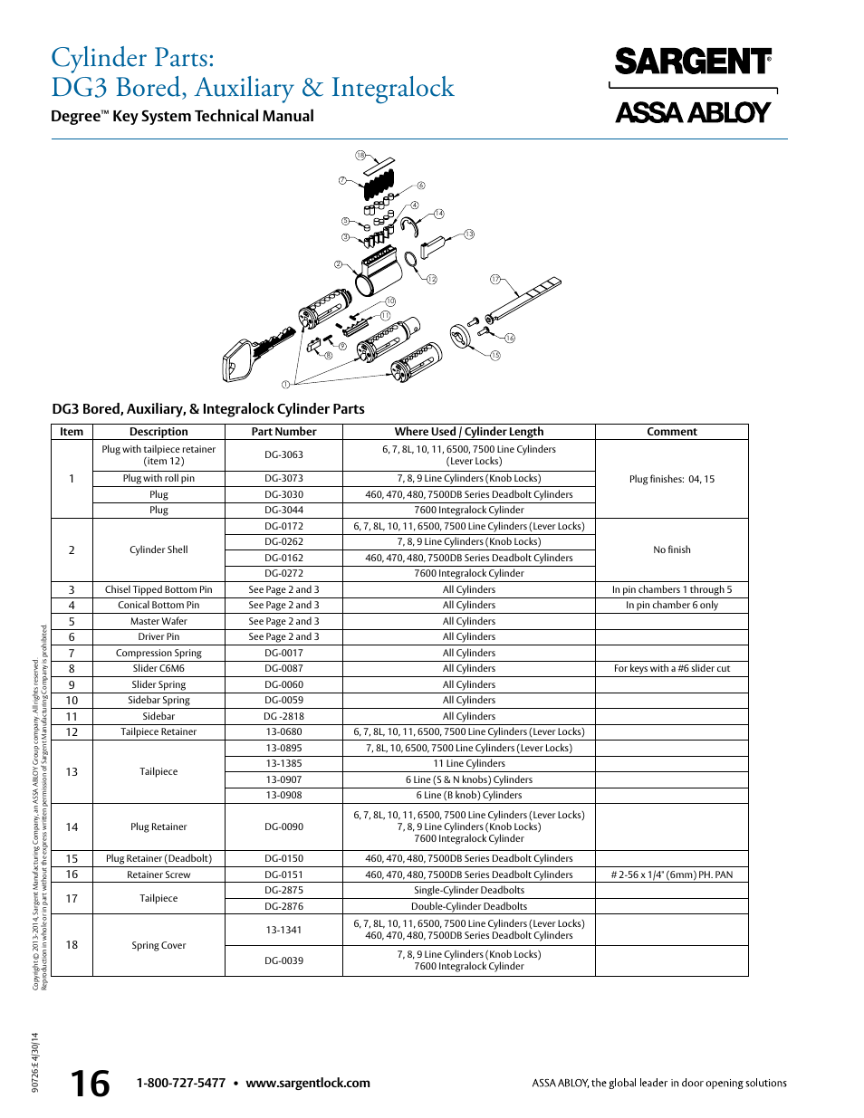 Cylinder parts: dg3 bored, auxiliary & integralock, Degree, Key system technical manual | Dg3 bored, auxiliary, & integralock cylinder parts | SARGENT Degree Key System User Manual | Page 18 / 20