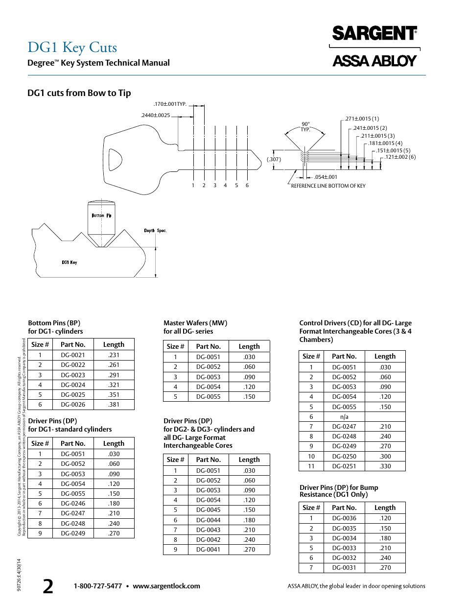 Dg1 key cuts, Dg1 cuts from bow to tip, Degree | Key system technical manual | SARGENT Degree Key System User Manual | Page 4 / 20