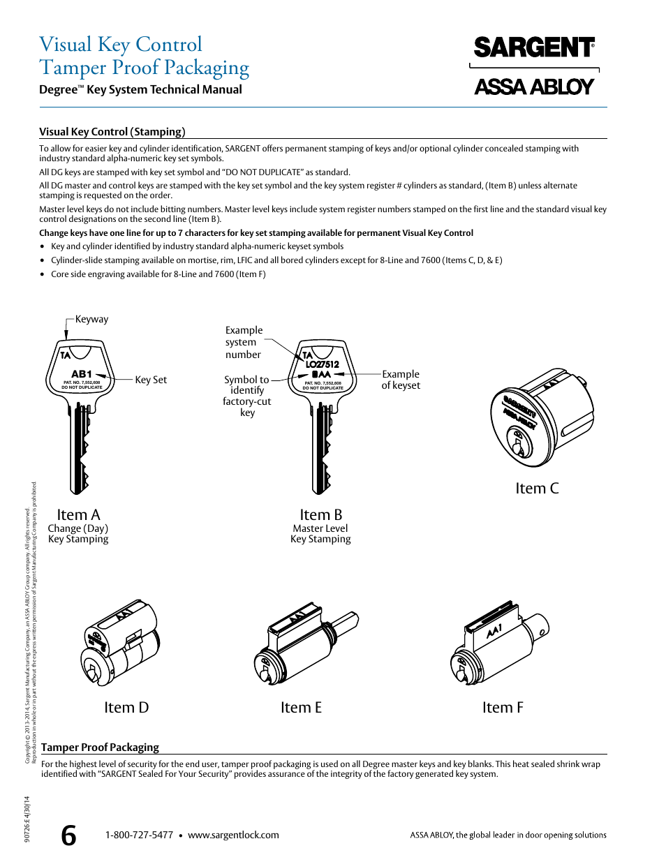 Visual key control tamper proof packaging, Item c item e item d item f item a item b | SARGENT Degree Key System User Manual | Page 8 / 20