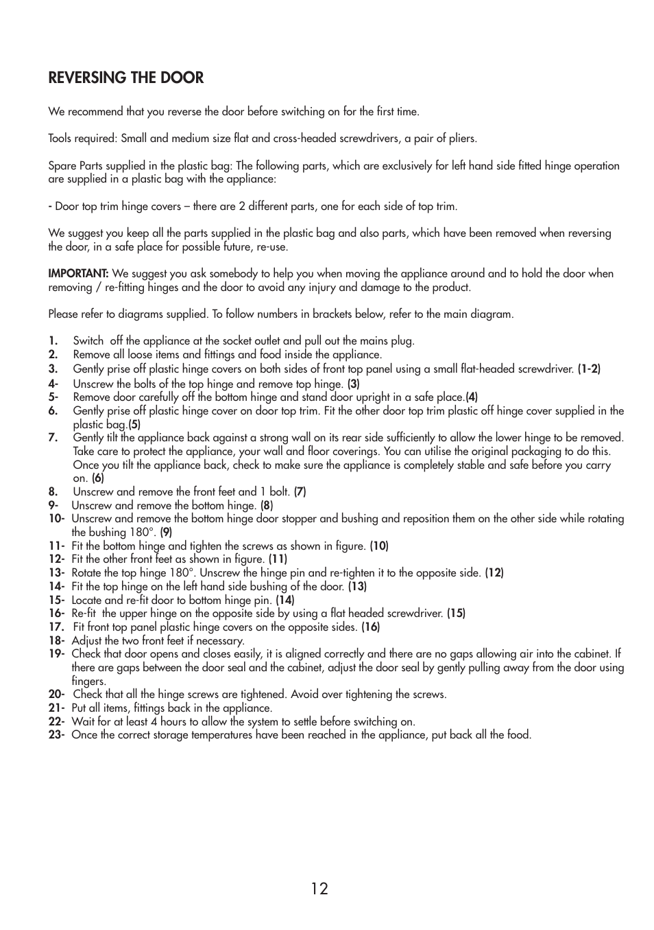 12 reversing the door | Beko TZDA 504 F User Manual | Page 13 / 16