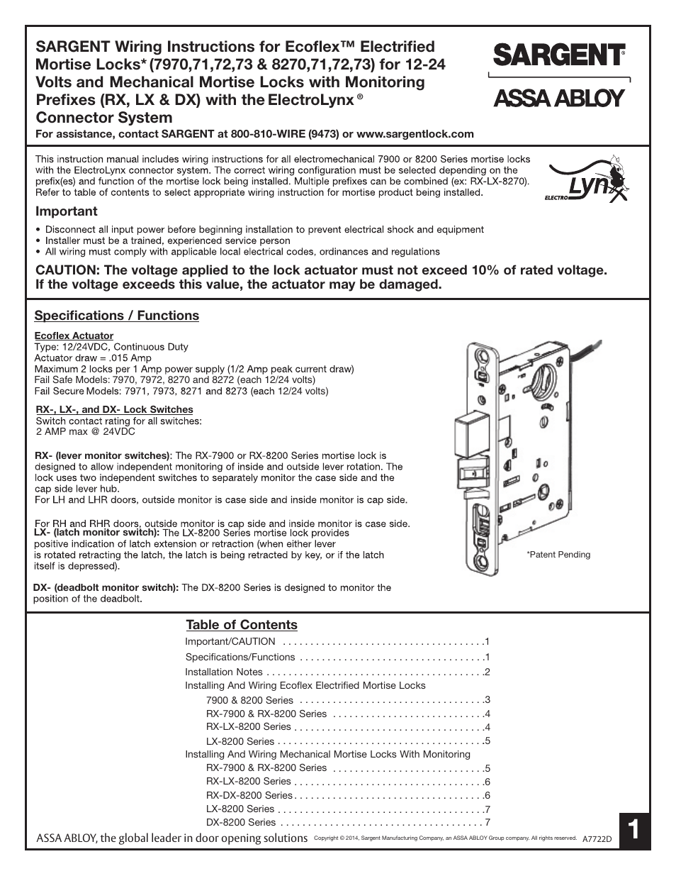 SARGENT 7800 Knob Locks User Manual | 8 pages