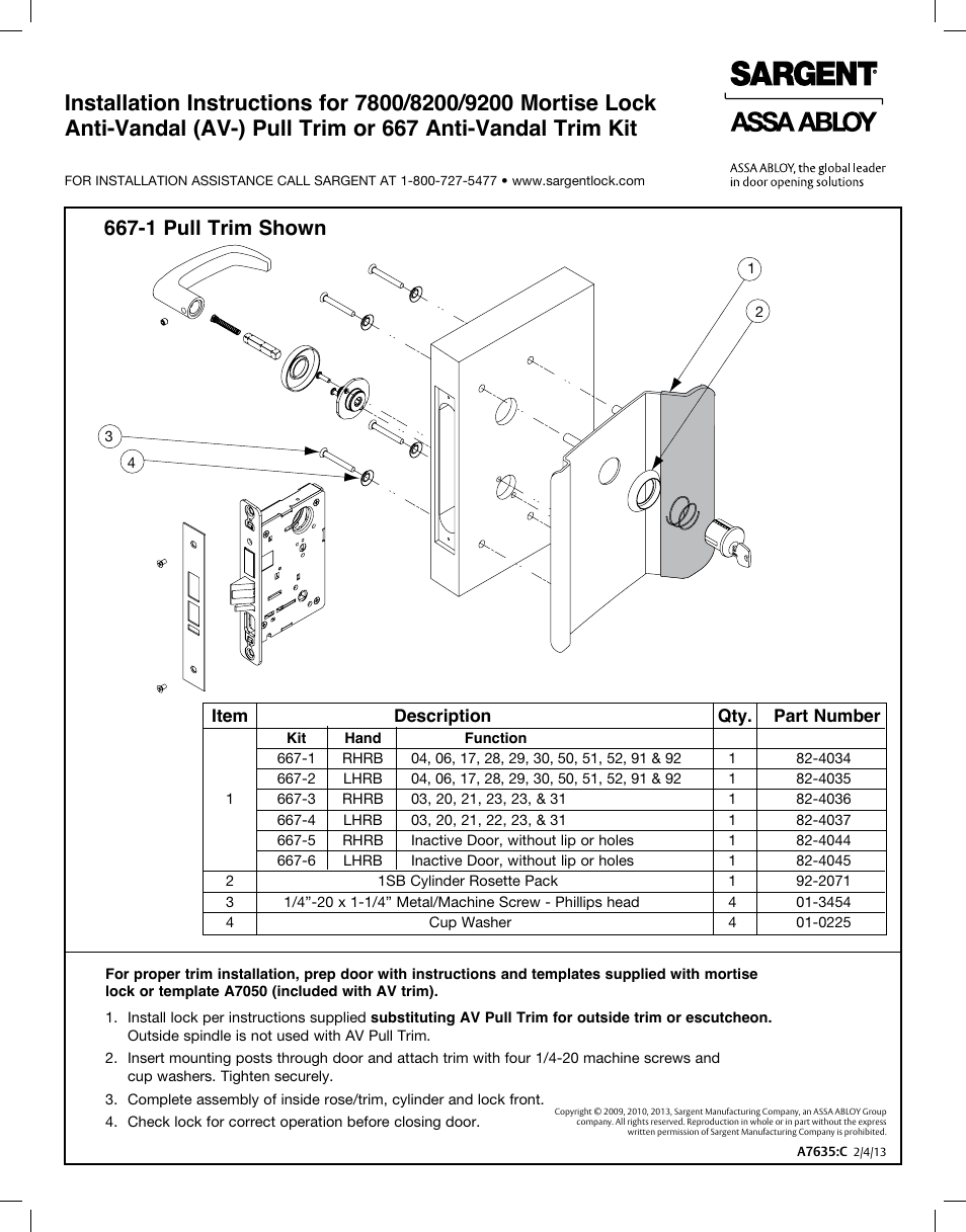 SARGENT 7800 Knob Locks User Manual | 1 page
