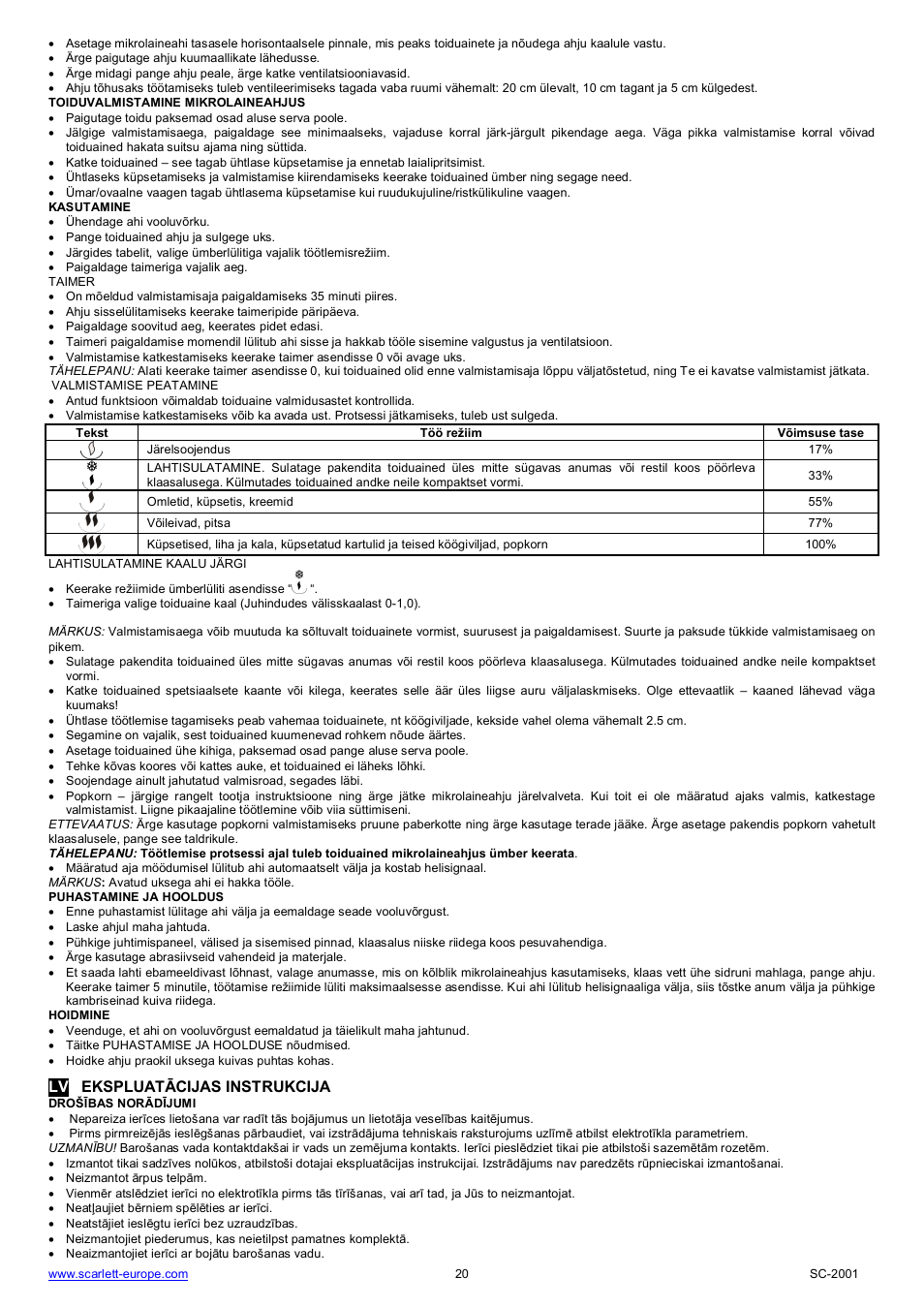 Lv ekspluat cijas instrukcija | Scarlett SC-2001 User Manual | Page 20 / 32