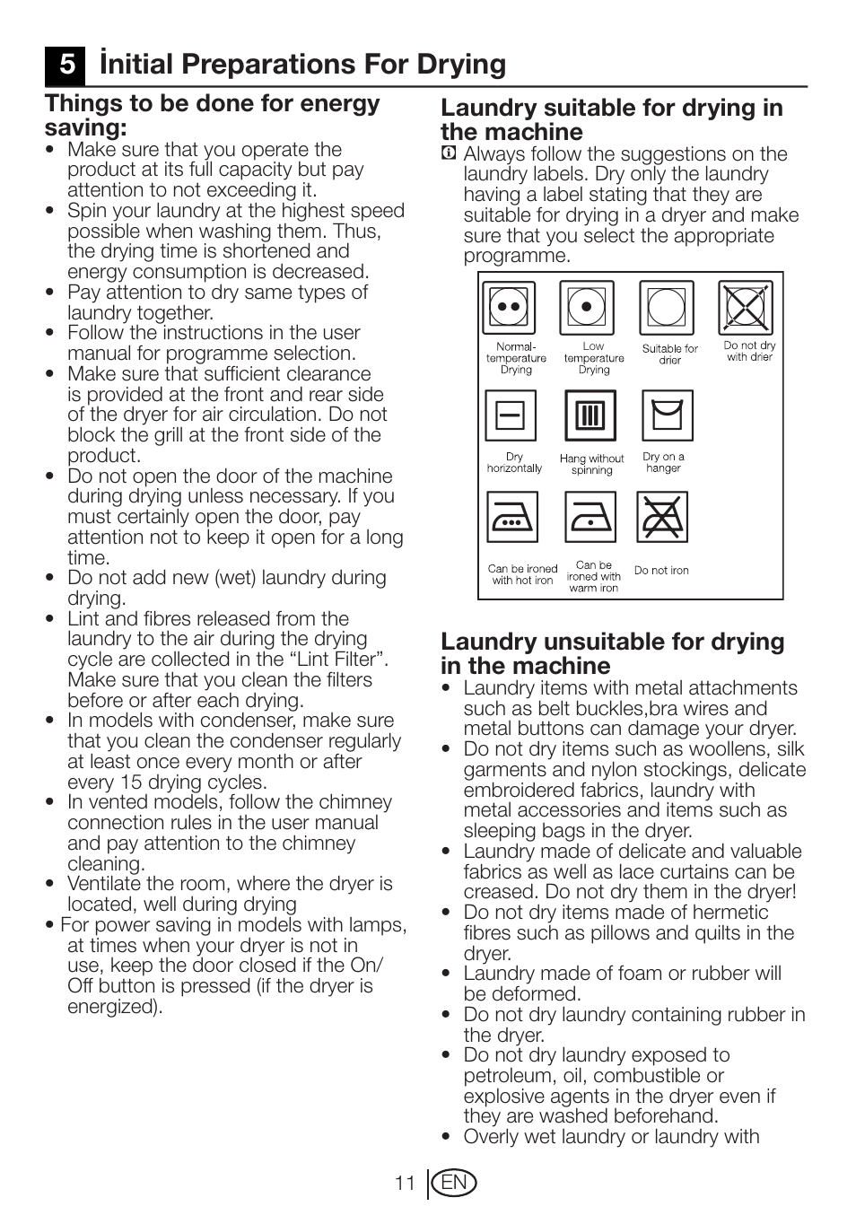 5initial preparations for drying | Beko DRCT 70 W User Manual | Page 11 / 28