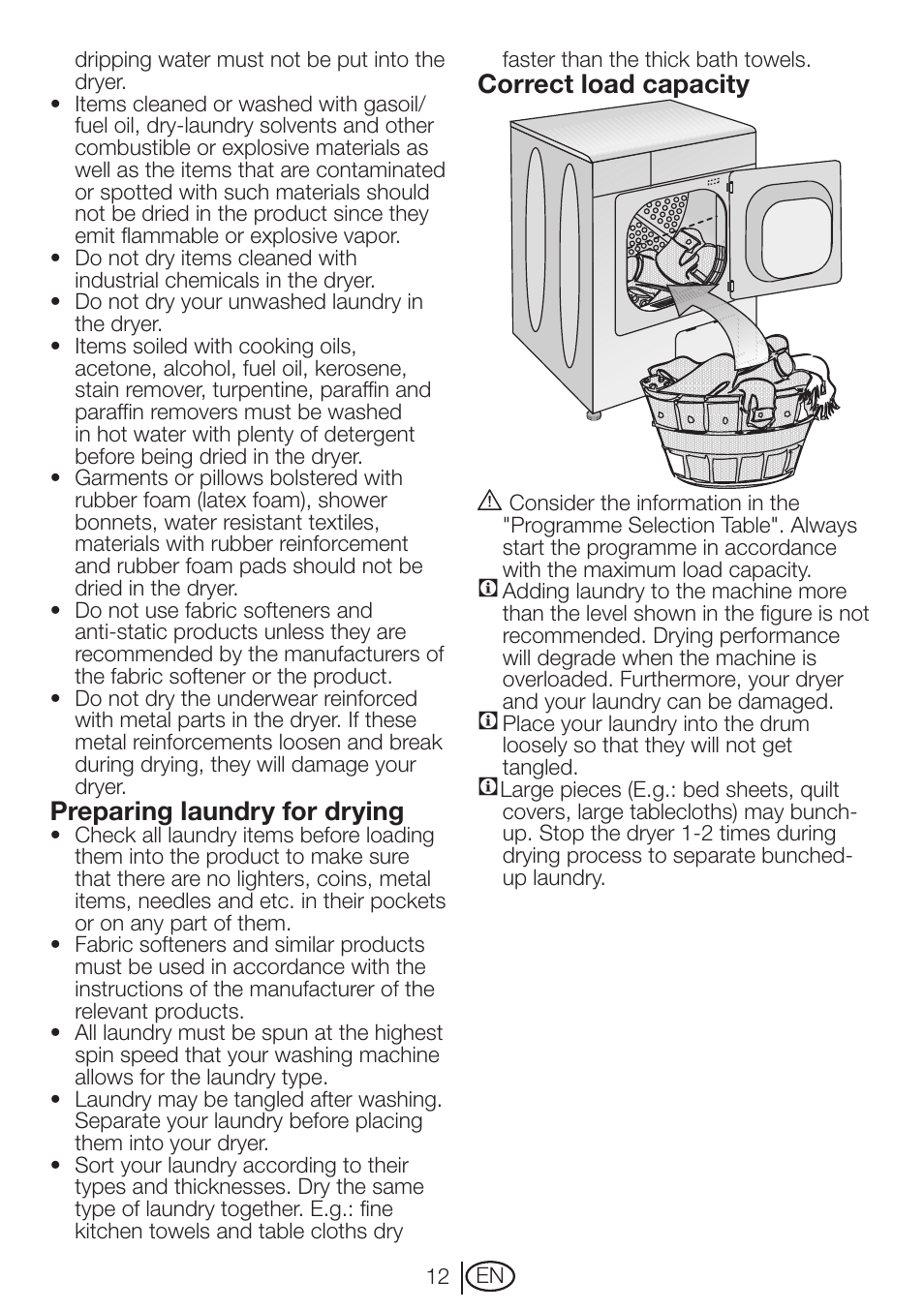 Preparing laundry for drying, Correct load capacity a | Beko DRCT 70 W User Manual | Page 12 / 28