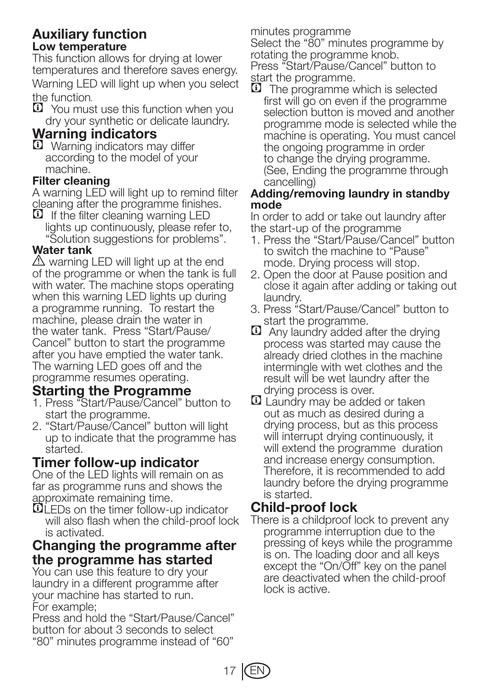 Auxiliary function, Warning indicators c, Starting the programme | Timer follow-up indicator, Child-proof lock | Beko DRCT 70 W User Manual | Page 17 / 28