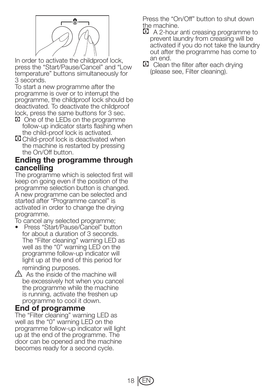 Ending the programme through cancelling, End of programme | Beko DRCT 70 W User Manual | Page 18 / 28