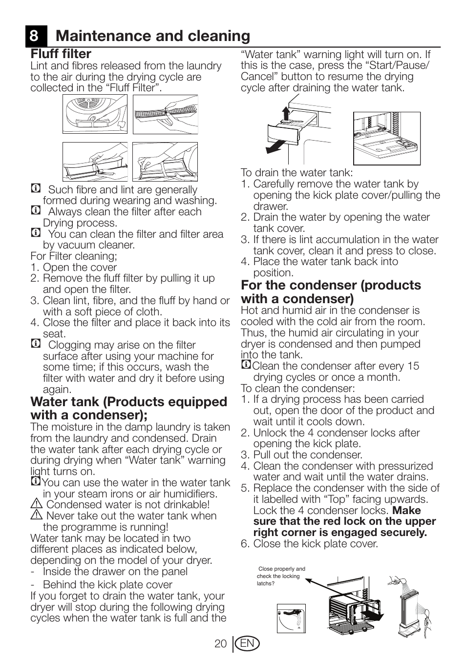 8maintenance and cleaning, Fluff filter, Water tank (products equipped with a condenser) | For the condenser (products with a condenser) | Beko DRCT 70 W User Manual | Page 20 / 28