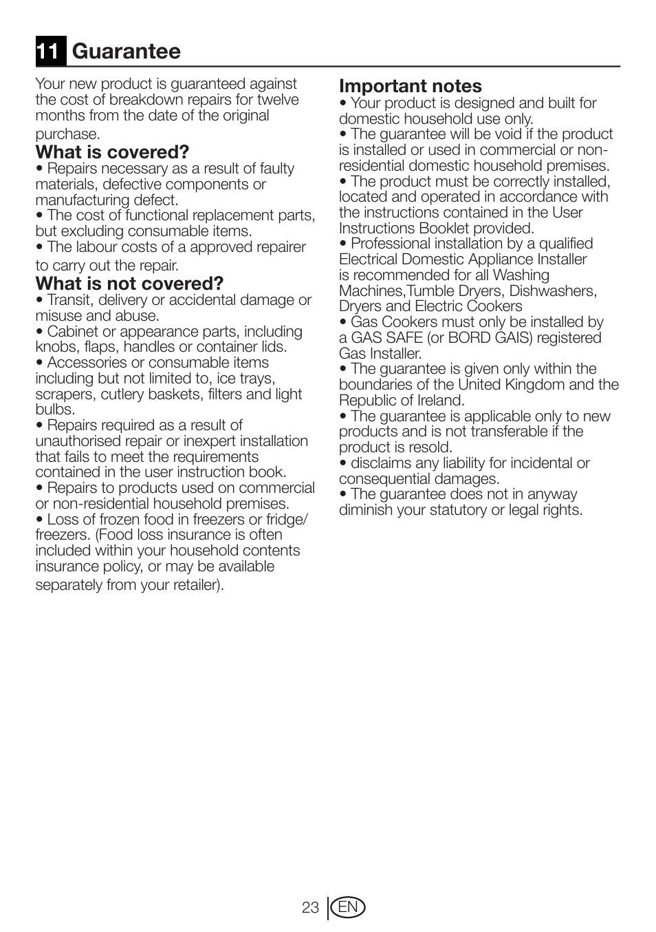 11 guarantee, What is covered, What is not covered | Beko DRCT 70 W User Manual | Page 23 / 28