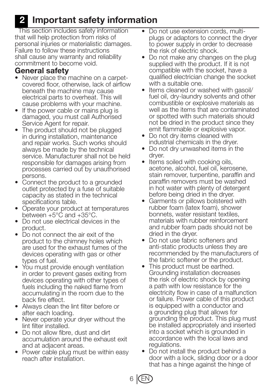 2important safety information, General safety | Beko DRCT 70 W User Manual | Page 6 / 28