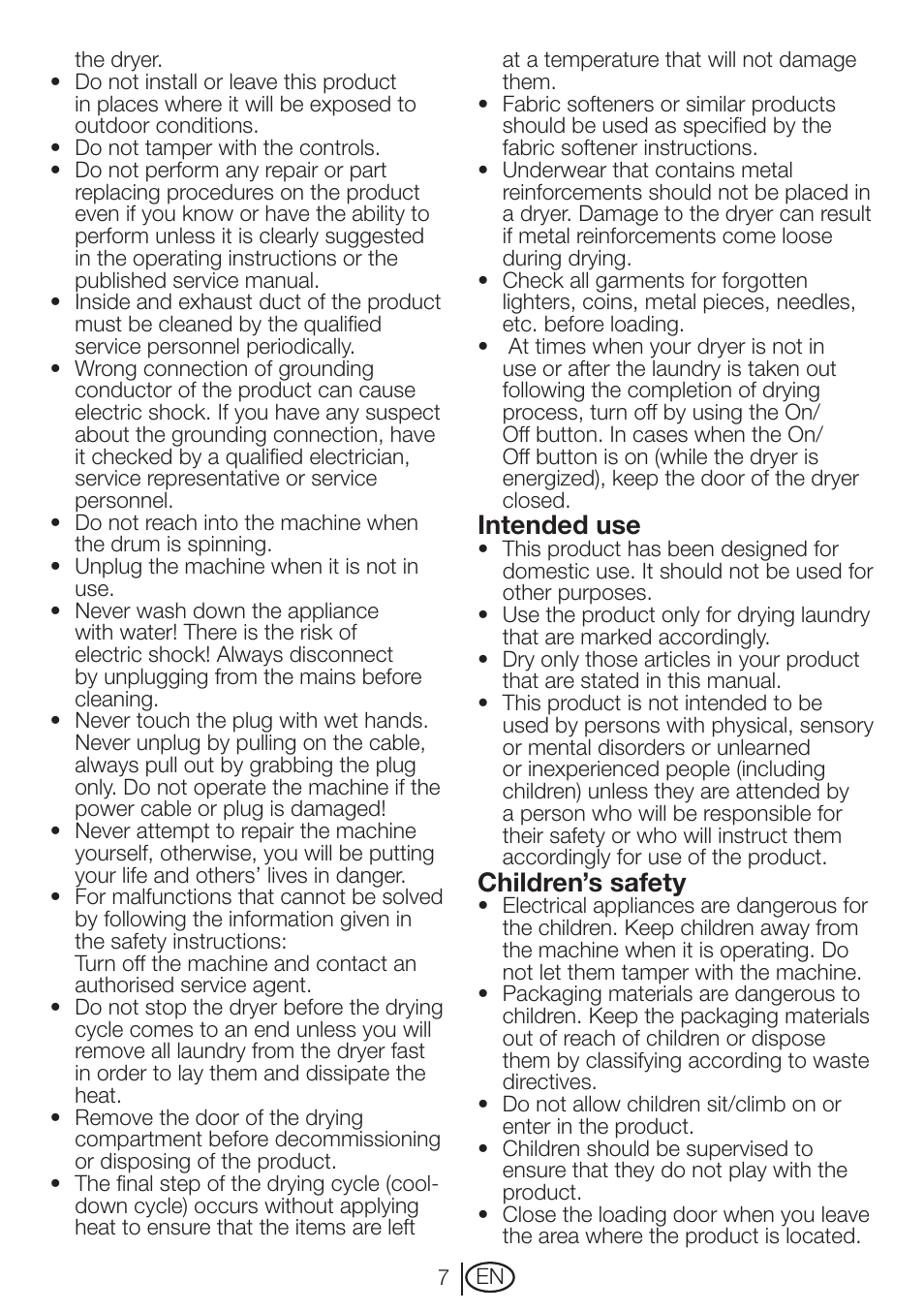 Intended use, Children’s safety | Beko DRCT 70 W User Manual | Page 7 / 28