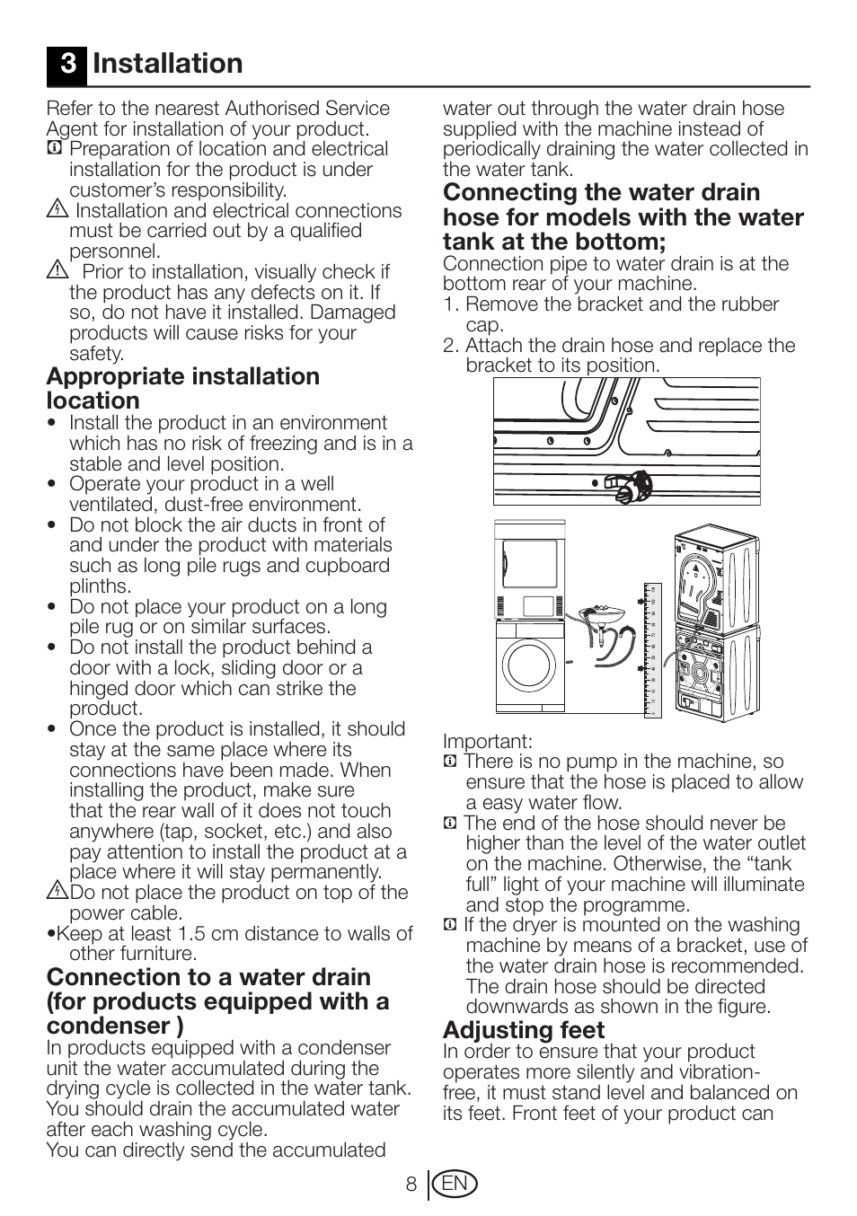 3installation, Appropriate installation location, Adjusting feet | Beko DRCT 70 W User Manual | Page 8 / 28