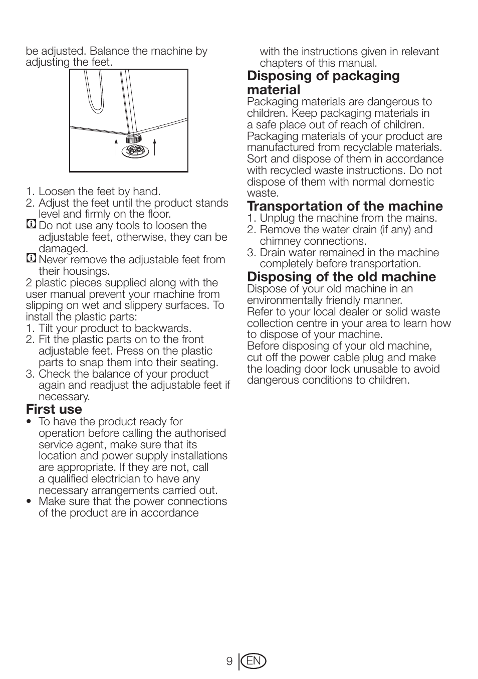 First use, Disposing of packaging material, Transportation of the machine | Disposing of the old machine | Beko DRCT 70 W User Manual | Page 9 / 28