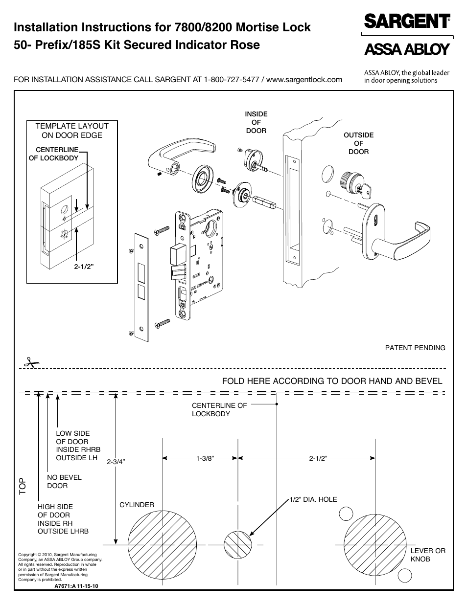 SARGENT 7800 Knob Locks User Manual | 2 pages