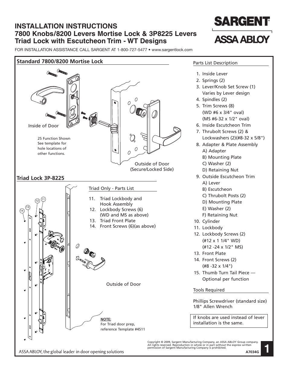 SARGENT 7800 Knob Locks User Manual | 4 pages