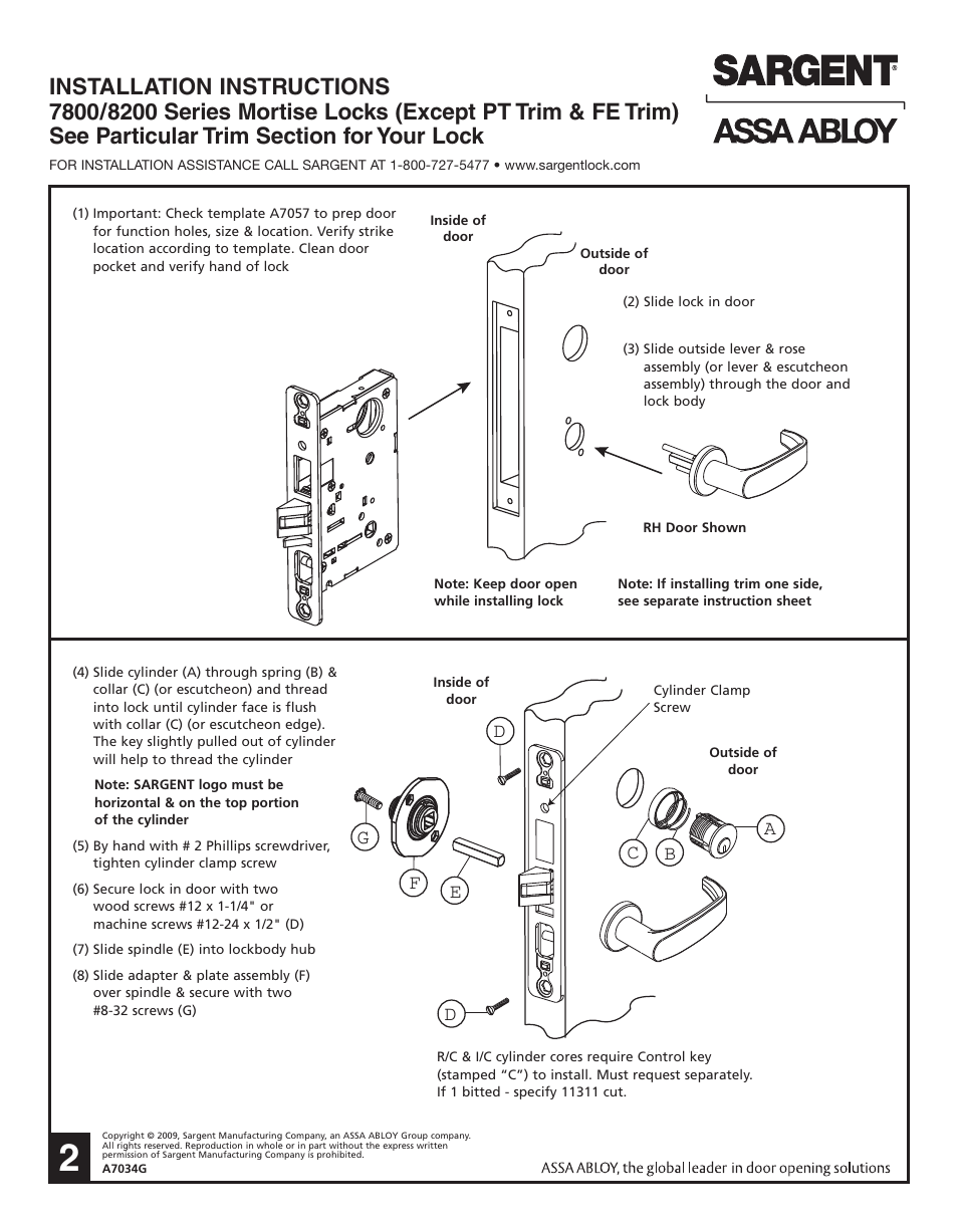 SARGENT 7800 Knob Locks User Manual | Page 2 / 4