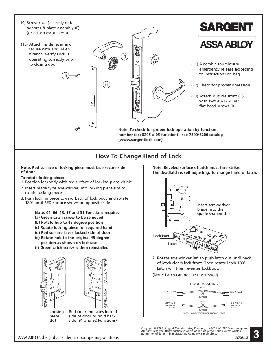 How to change hand of lock, Ih j | SARGENT 7800 Knob Locks User Manual | Page 3 / 4