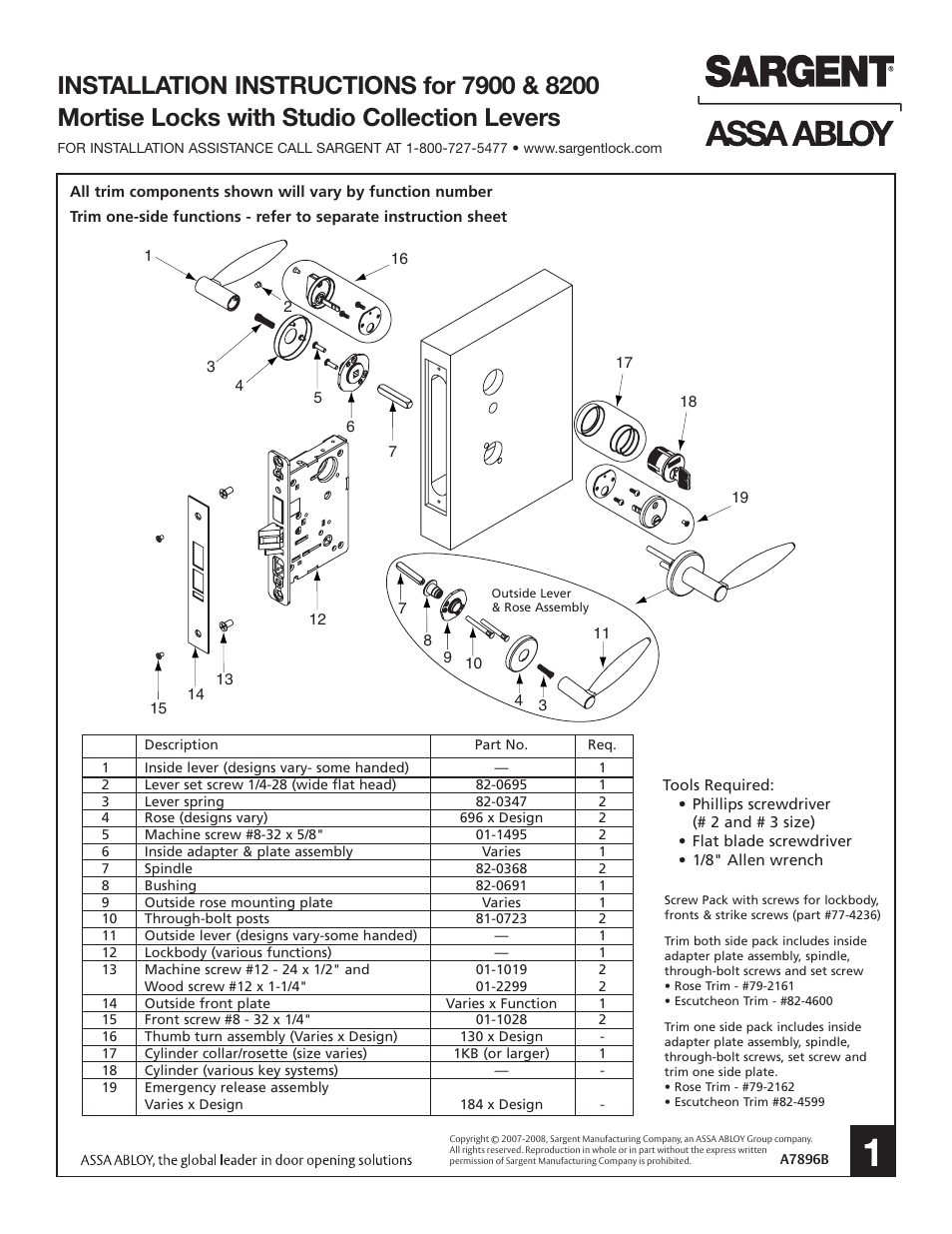 SARGENT 7900 Mortise Lock User Manual | 4 pages