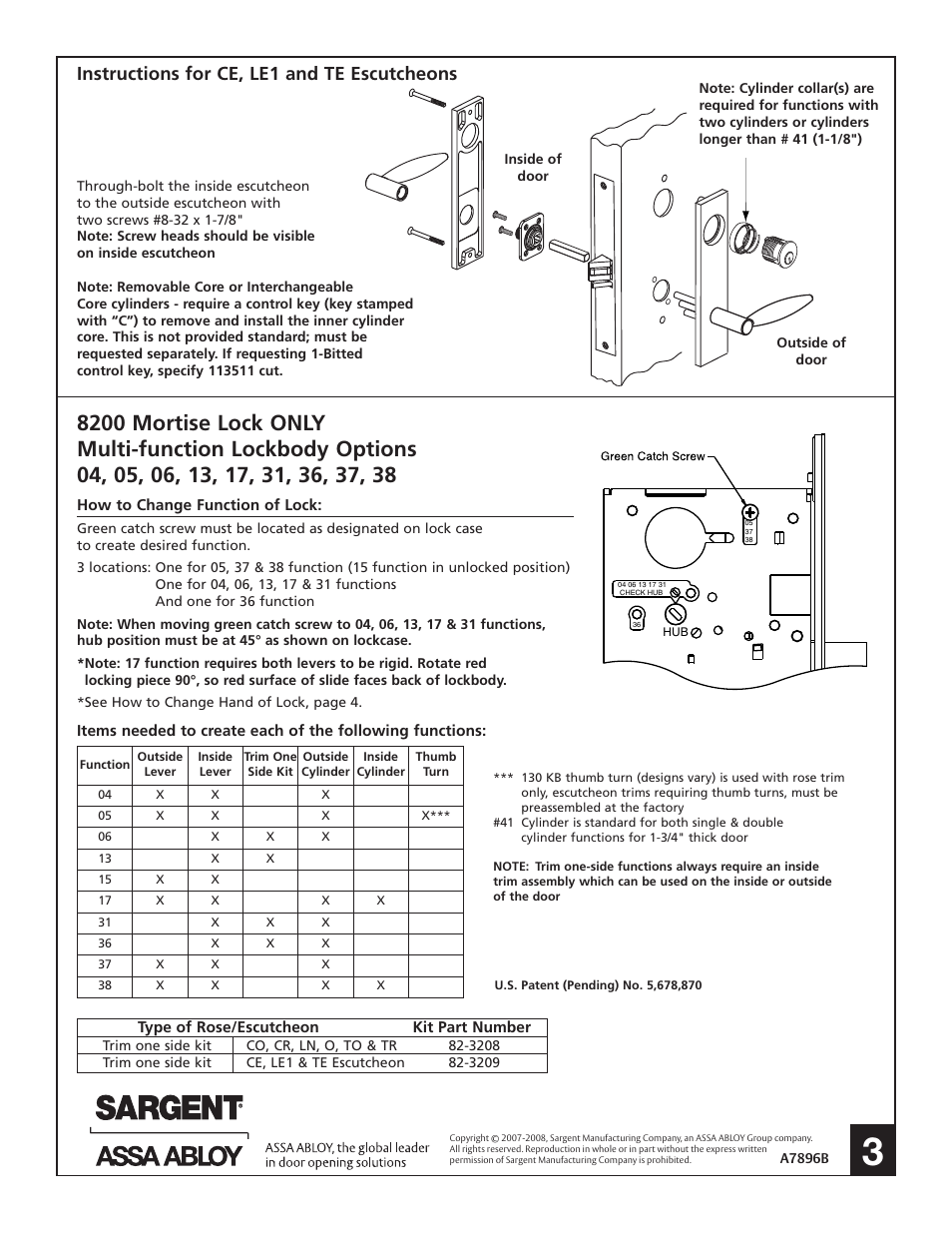 Instructions for ce, le1 and te escutcheons | SARGENT 7900 Mortise Lock User Manual | Page 3 / 4