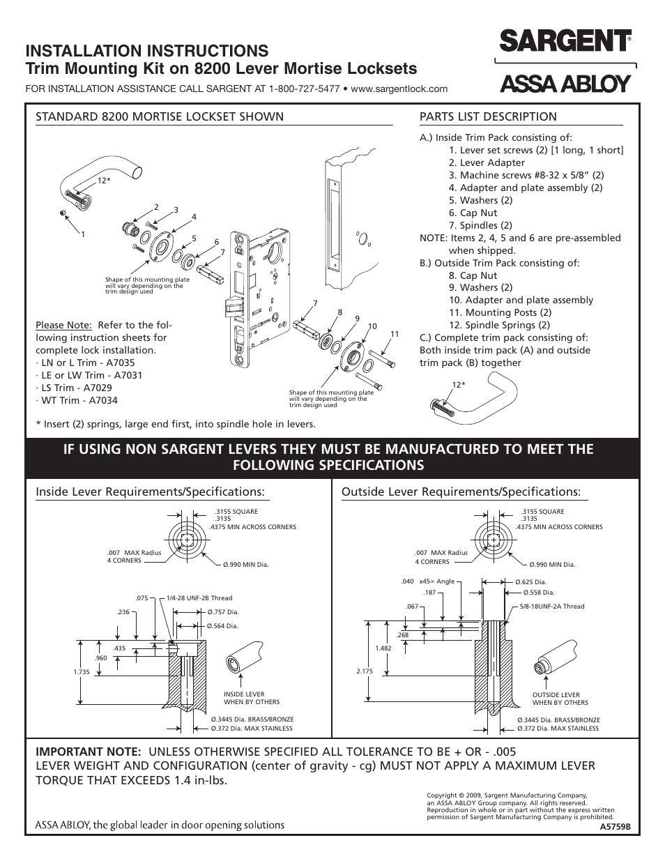 SARGENT 8200 Lever Mortise Locksets User Manual | 1 page