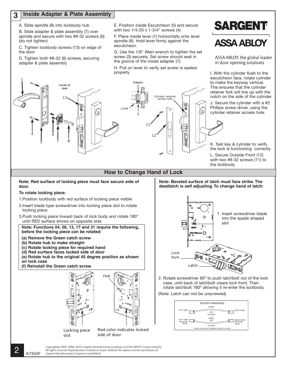 Inside adapter & plate assembly, How to change hand of lock | SARGENT 8200 Lever Lock User Manual | Page 2 / 4