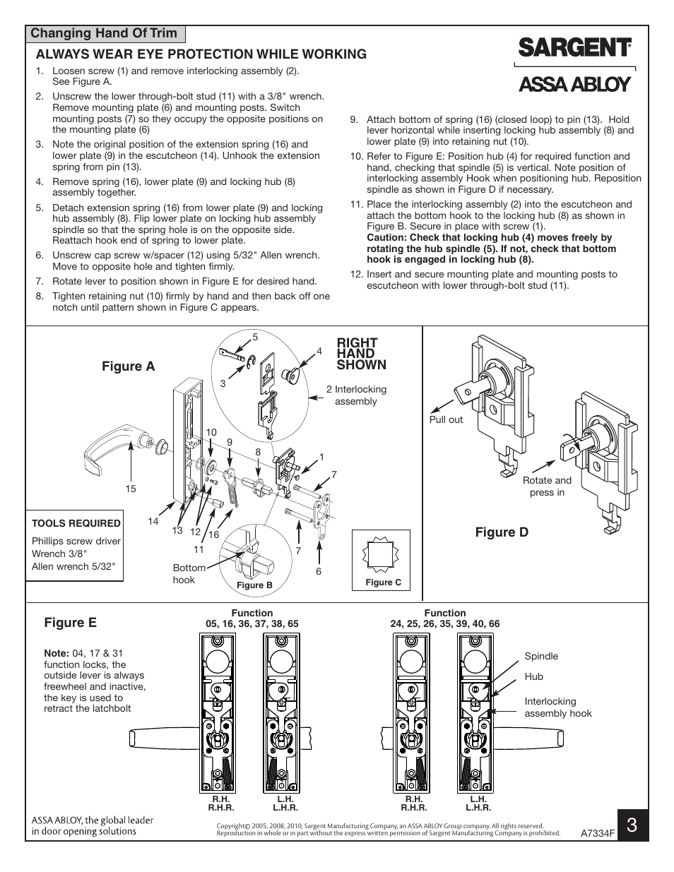 Changing hand of trim, Figure a, Figure d | Right hand shown, Figure e, Always wear eye protection while working | SARGENT 8200 Lever Lock User Manual | Page 3 / 4